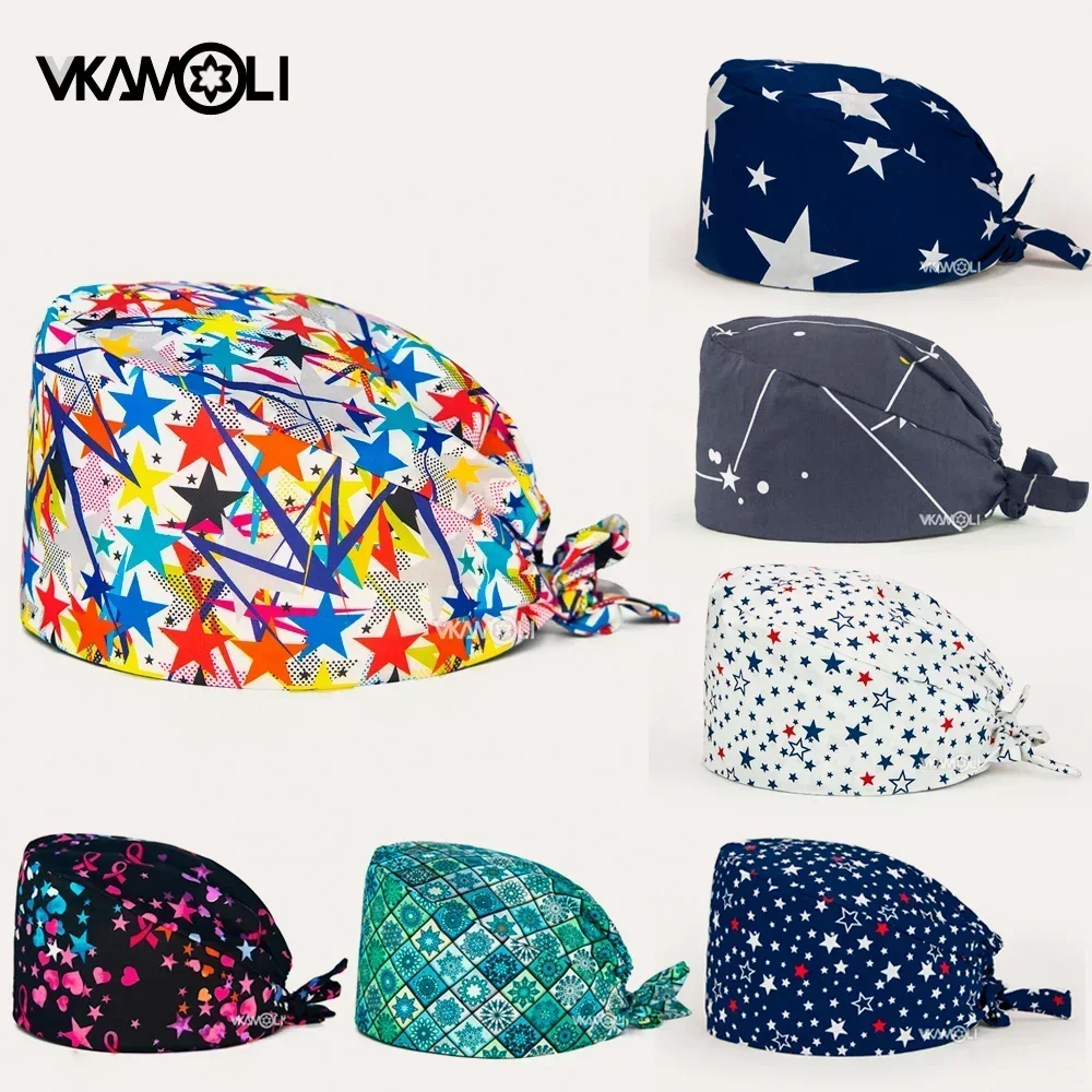 Star Pattern Series Print Multicolor Surgical Cap scrubs Caps Unisex Breathable Elastic pet operating room hats scrub cap