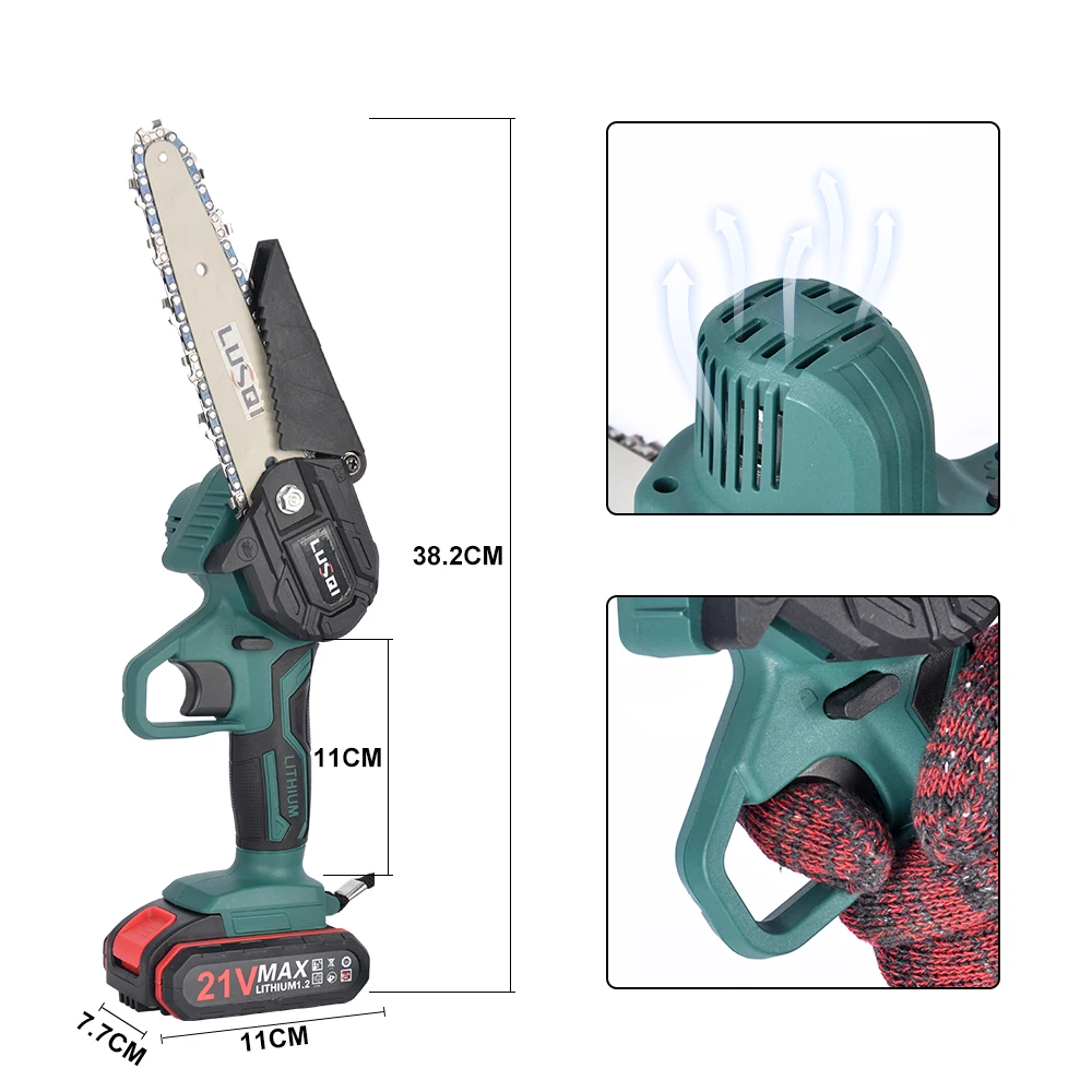 LUSQI 21V 6inch  Mini Electric Pruning Chainsaw With Rechargeable Battery Woodworking Pruning Chain Saw Garden Power Tools