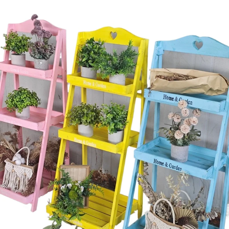 

American rural retro solid wood multi-layer folding small flower stand balcony floor trapezoidal succulent plant shelf wooden