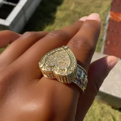 2025 Mother's Day Gift For Girlfriend Hip Hop Gold Color Iced Out 5A Heart Cubic Zirconia Heart CZ Wedding Engagement Ring