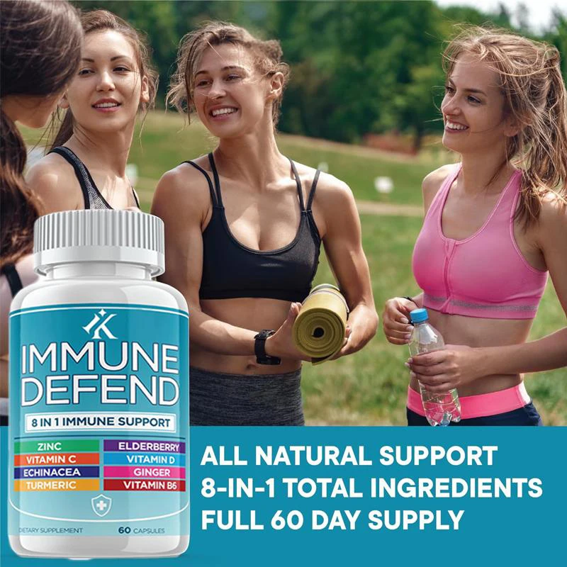 8-in-1 immune defense support containing 50 milligrams of zinc, vitamin C D3, elderberry, curcumin and ginger, and echinacea