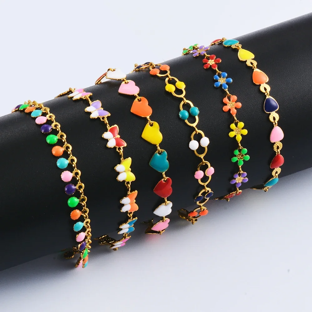 Modische Edelstahl-Armbänder mit Emaille-Herz-, Blumen- und Sternanhängern für Damen, Fußkettchen, Schmuckgeschenke, 16cm/18cm/21cm+ – Detail 2