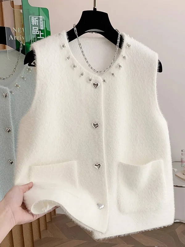 

Женский вязаный жилет с богатой отделкой для осени и зимы, модный, для многослойных образов, короткая верхняя одежда премиум-класса