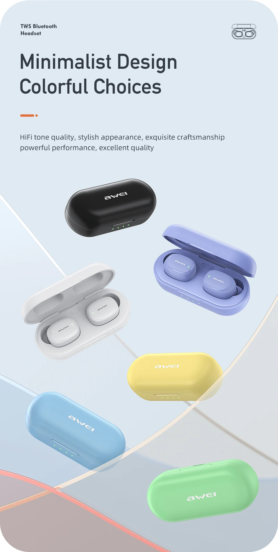 Awei T13pro Wireless Bluetooth 5.3 Earphones With Mic TWS Earbuds IPX6 Waterproof Headphones Sports Headset Gamer