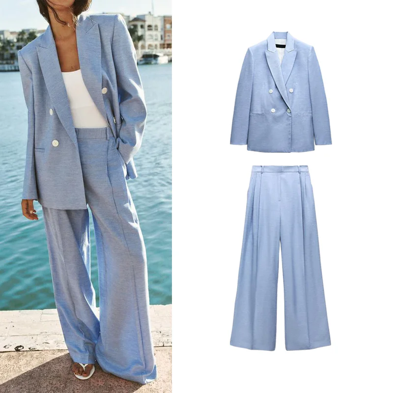 

Spring New Arrival Double Breasted Suit Jaet with oulder Pads Wide Leg Pants Long Sve Busin Women's Faion
