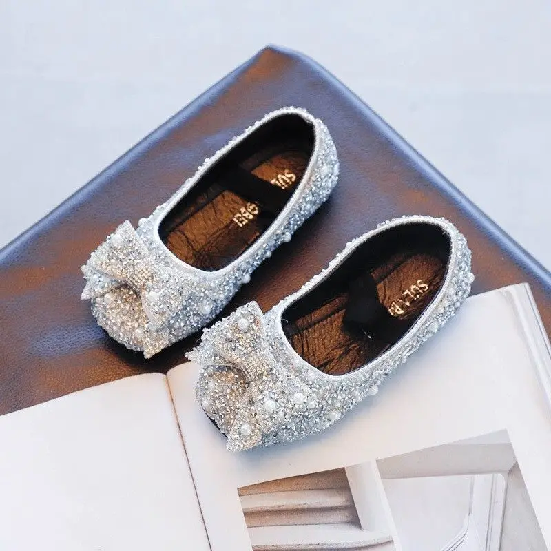 Girls Leather Footwear Bow Rhinestone Princess Style Soft Sole Dance Shoes for Kids New Arrival Spring Autumn Korean Fashion