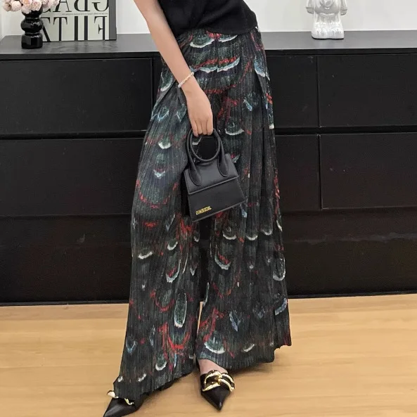 

ALSEY Miyake Printed Pleated High-waisted Women's Nine-minute Pants 2025 Summer New Fashion Casual Versatile Wide-legged Pants