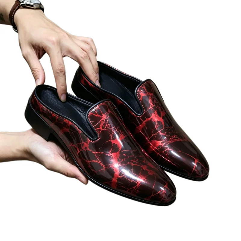 Men's Shiny Patent Leather Dress Shoes Marble Texture Comfortable Fit & Non-Slip Sole for Office Stage Performance Formal Events