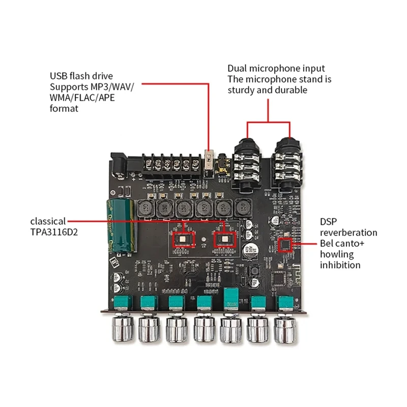 YS-AM100 KTV High Power Bluetooth Amplifier Board Microphone Sound All-In-One 2.1 Channel TPA3116D2 Amplifier Board