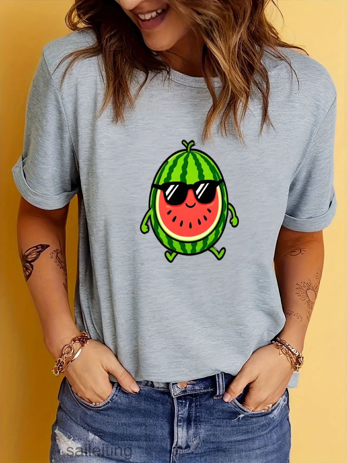 Cute Watermelon Character T-Shirt Men Women - Cartoon Green Arms Legs Sunglasses Summer Casual Short Sleeve Tee, Soft Breatha