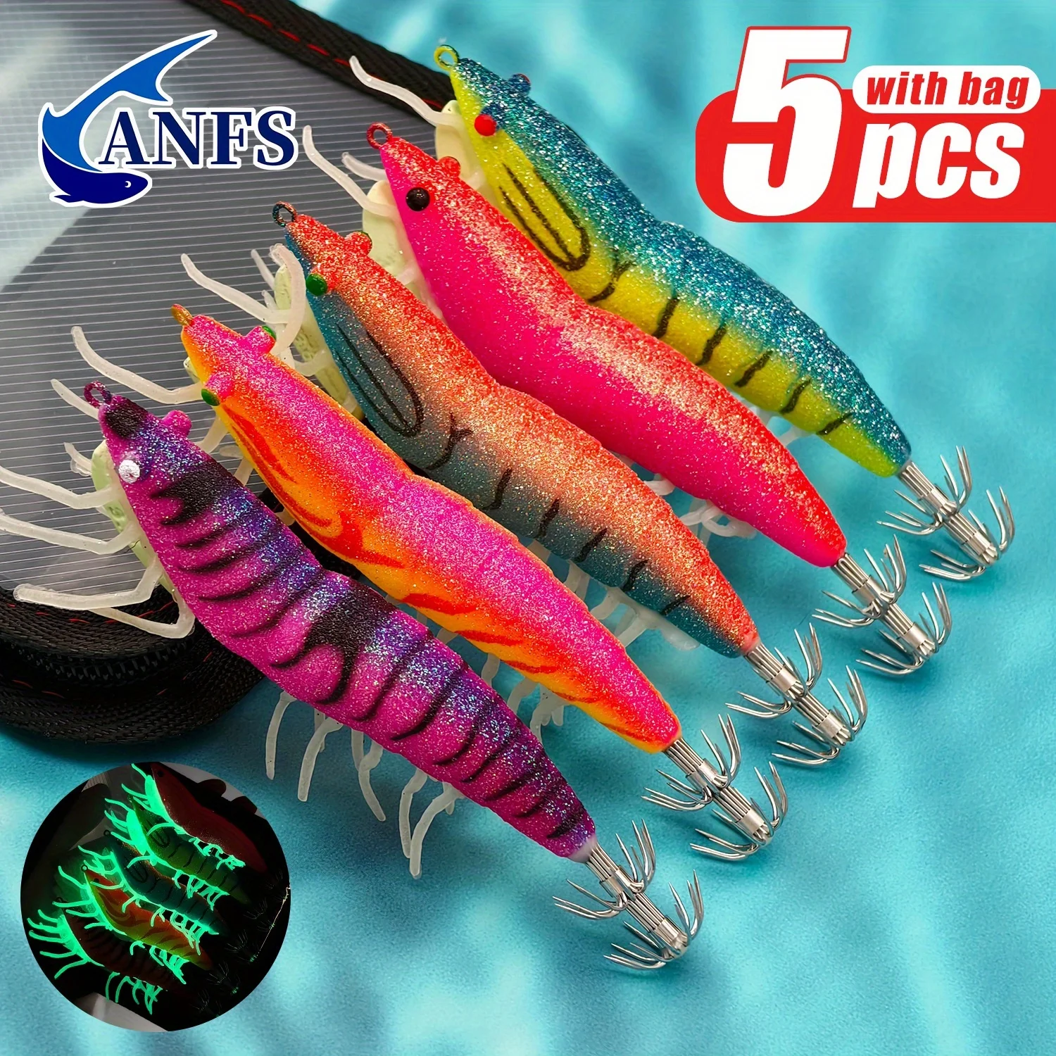 ANFS 5-teiliges Tintenfisch-Jig-Haken-Set – harter Köder im realistischen Garnelen- und Tintenfisch-Design für Salzwasserfischen mit Aufbewahrungstasche