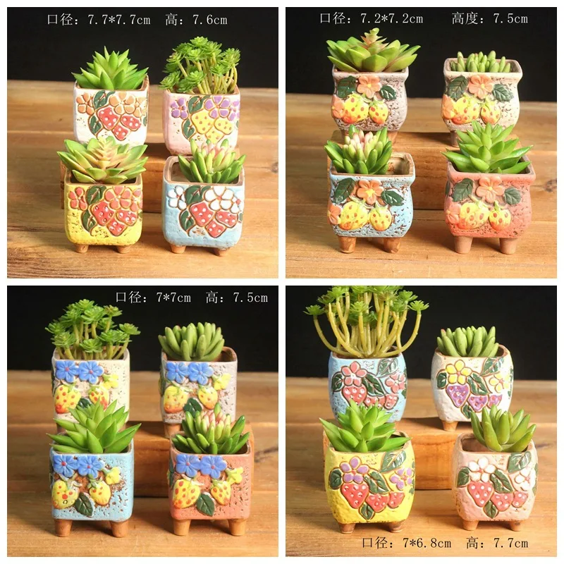 Korean Mini Hand Painted Ceramic Succulent Pot, Thumb Planter for Desktop Cactus, Home Office Decor - Detail 1