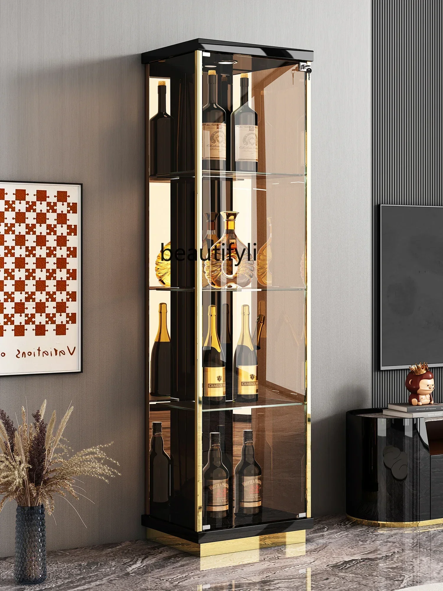 

NQ Living room light luxury high-end wine cabinet tempered glass door small display cabinet wall storage cabinet
