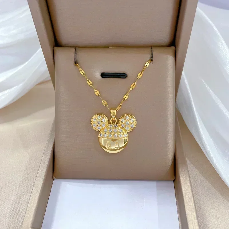 Disney Cartoon Mickey Minnie Mouse Zircon Pendant Necklace for Women Girl Stainless Steel Chain Sweet Gift for Friends Fans