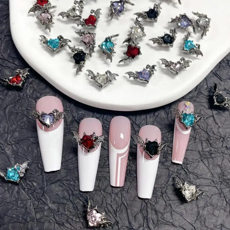 

10Pcs Exquisite Allo Bat Wings Nail Art Decorations 3D Glass Heart Inlaid Design Dark Series for DIY Halloween Nails Charms