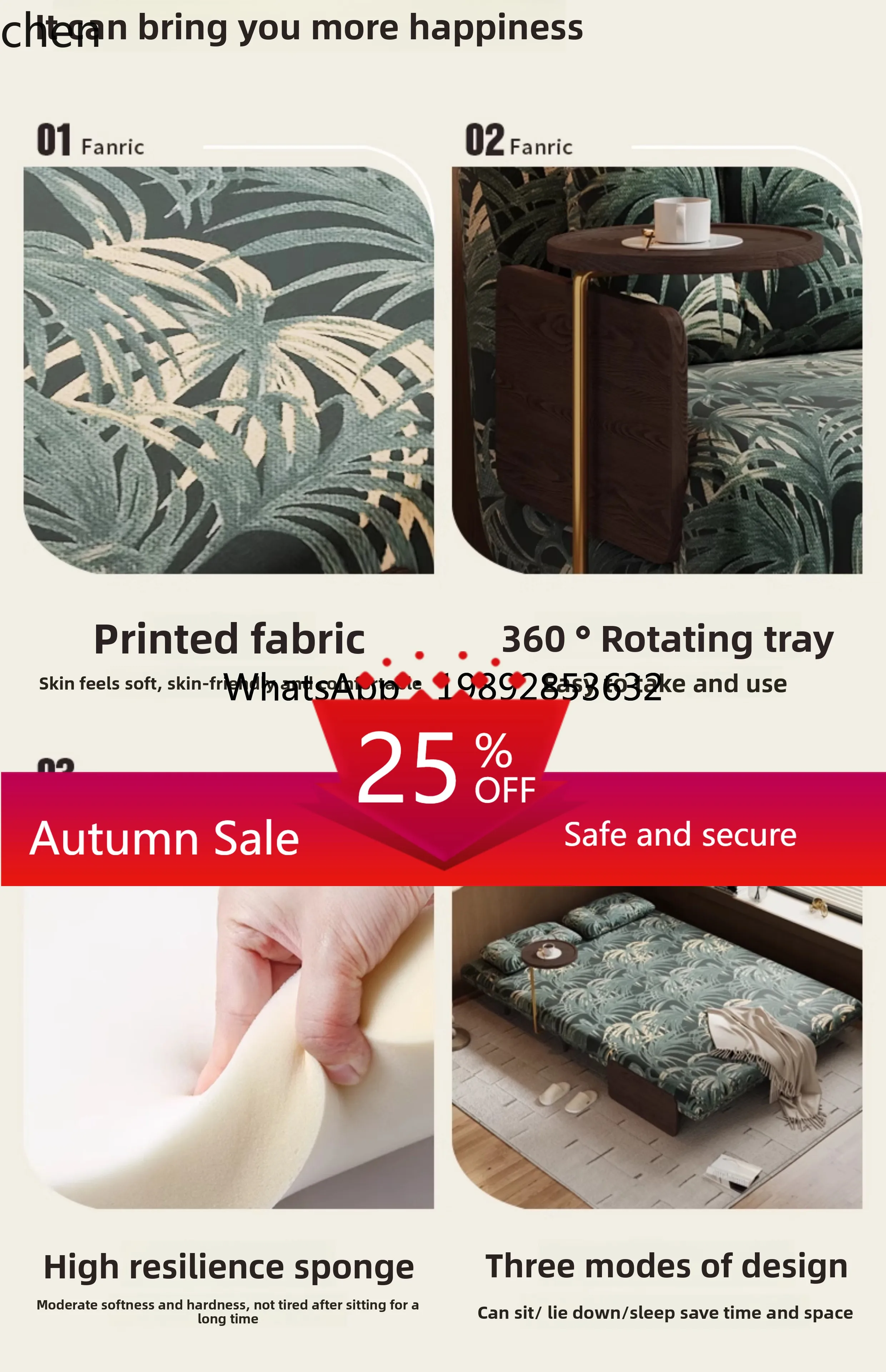 

HXL solid wood folding sofa bed dual-purpose small apartment living room fabric removable and washable sofa home accessories