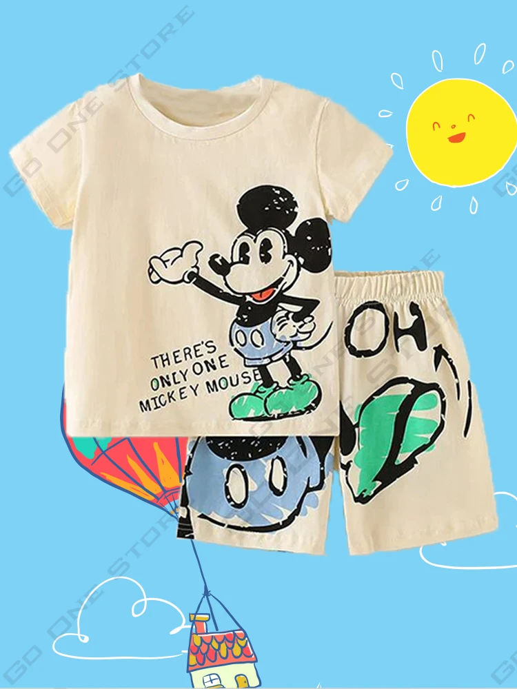 Summer Children Set 2 Piece Street Sports T-shirt + Beach Pants Vintage Set Mickey Mouse Printed Children's T-Shirt Set Pajamas