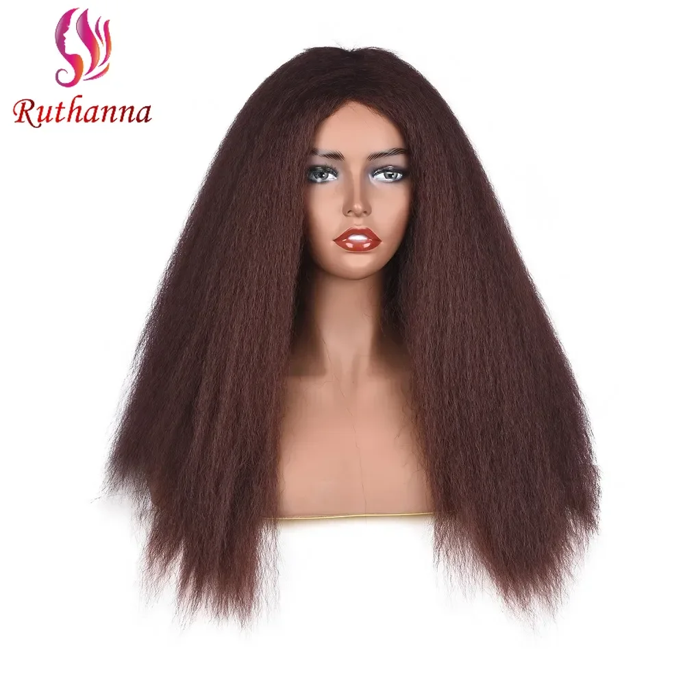 Yaki Straight Middle Part Fluffy Long Straight Wig For Women 24 Inch Kinky Straight Synthetic Heat Resistant Fiber Wig Daily Use