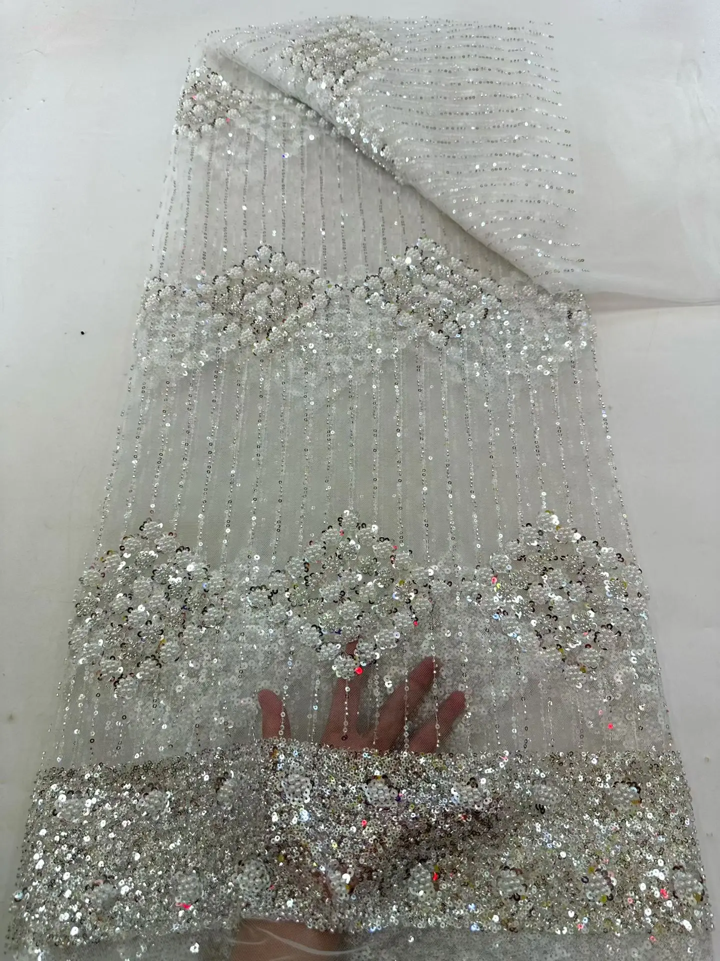 

Luxury High Quality African Beaded Lace Fabric 2026 French Nigerian Sequins Tulle for White Bridal Wedding Dress Fashion G91-1