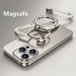 Z Shape Metal Magnetic Magsafe Stand Phone Case For iPhone 13 14 15 Pro Max Aluminum Alloy Rimless Bumper Shockproof Hard Cover