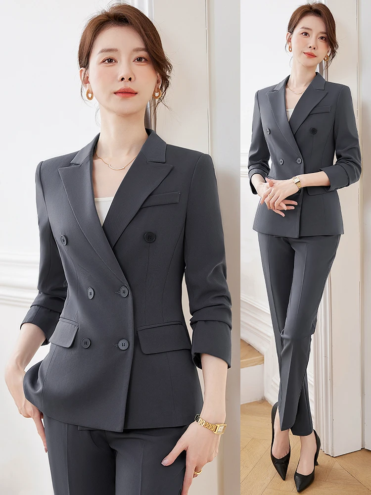 

Gray Professional Suit Set for Women Spring Autumn New Style High End Interview Formal Workwear Polyester Long Sleeve Slim Fit