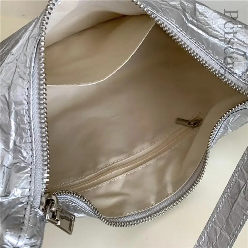 Pleated Design Handbags For Women Glossy Pu Leather Zipper Underarm Hobo Clutch Purse Korean Fashion Ladies Silver Shoulder Bags