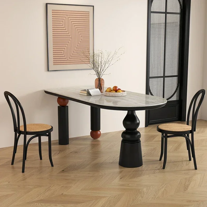 

French retro solid wood dining table designer travertine rock slab medieval cream wind semicircular island