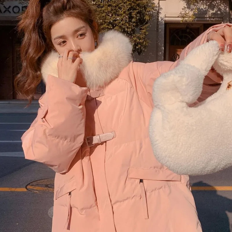 2023 New Women Down Cotton Coat Winter Jacket Female Big Fur Collar Short-Length Parkas Pink Thicken Outwear Hooded Overcoat