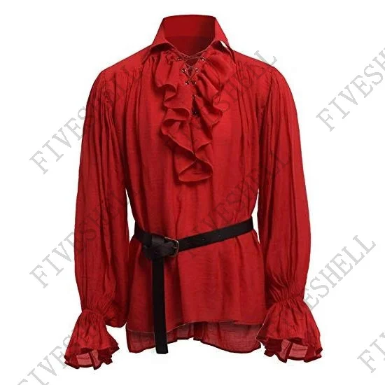 Christmas Mens Medieval Shirts Poet\'s Renaissance Cosplay Costume  Pirate Captain Lace Up Ruffle Tops Sand Collar Shirt