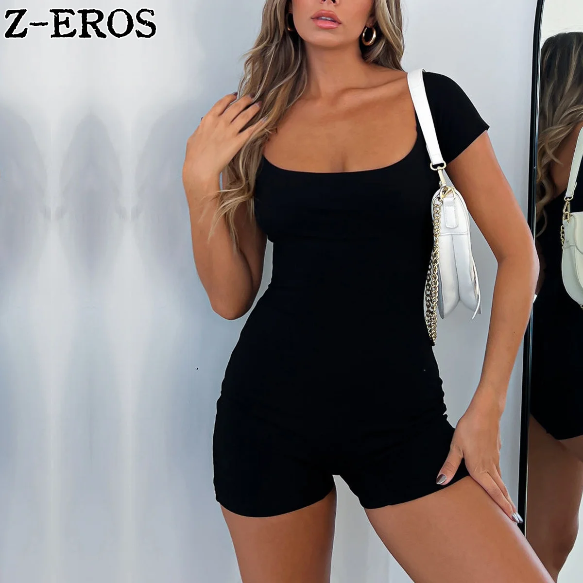 Z-EROS Women's Short Jumpsuit With Short Sleeves, Square Neck, Solid Color Buttocks Lifting Sportswear, Comfortable Fitness Wear