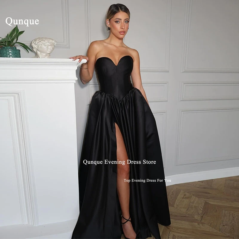 

Qunqu Black Sweetheart Evening Dresses Satin Long A Line Vestidos De Fiesta Elegantes Pleat Side Split Party Dresses Customized