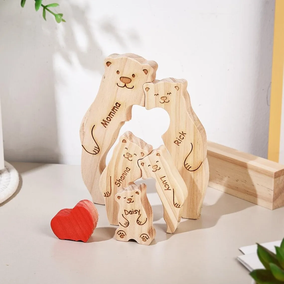 2024 Family Wooden Lovely Bears Puzzle Personalized Family Names Hug Bears Ornaments Christmas Gift Wooden Figurines Home Decor