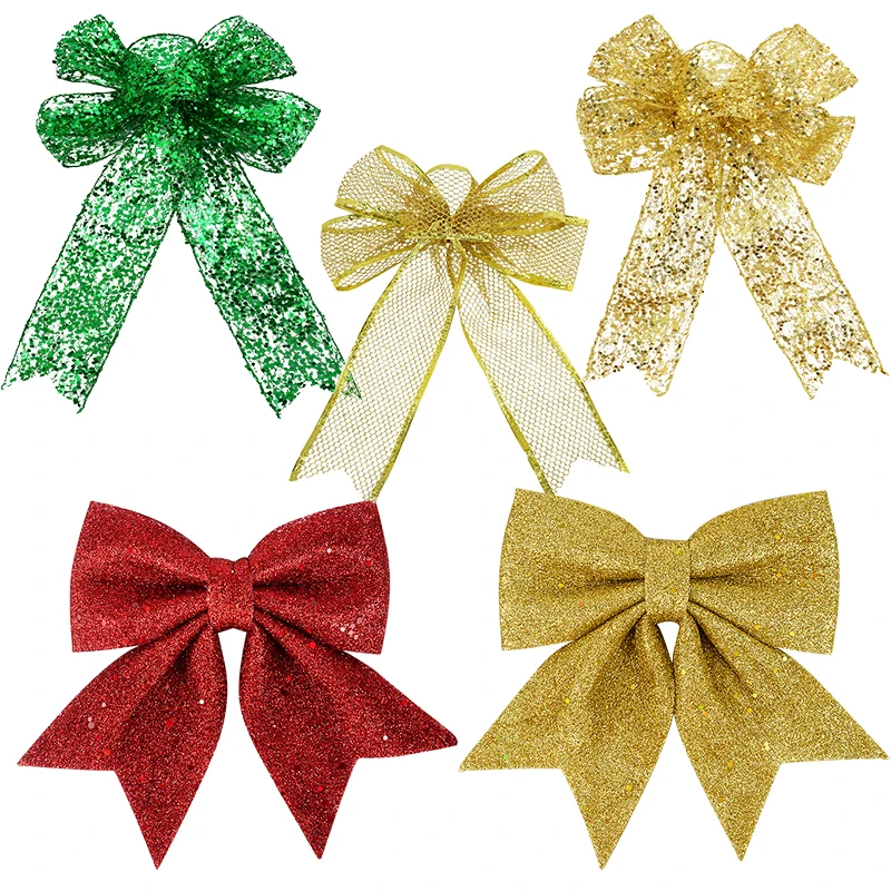 Glitter Christmas Bows Xmas Tree Hanging Ornaments Xmas Gift Ribbon Bowknot Merry Christmas Decoration For Home Navidad New Year