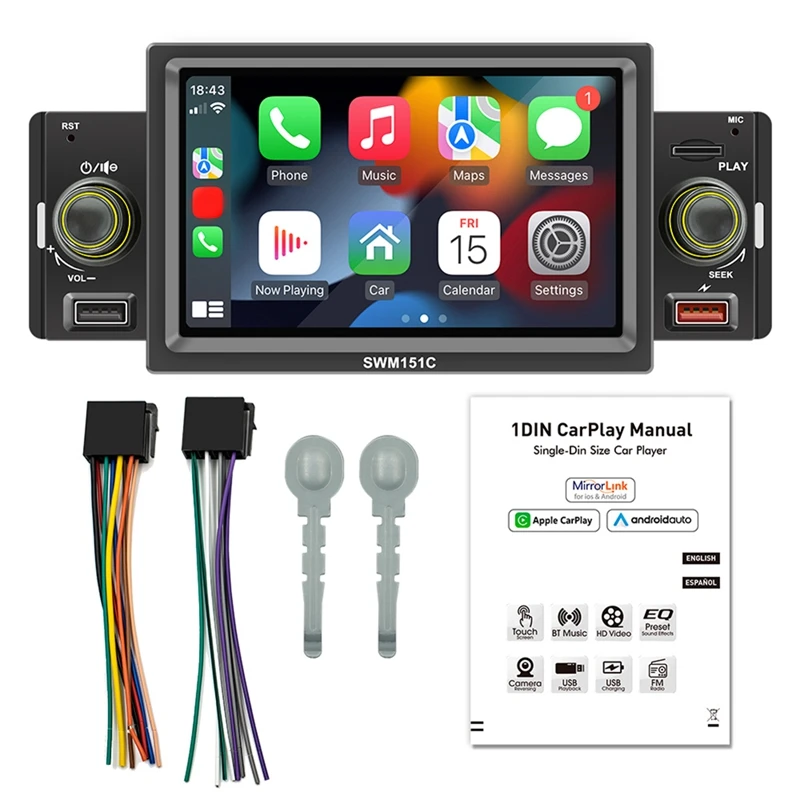 1 Din 5 Inch Carplay Radio Car Stereo Bluetooth MP5 Player For Android-Auto Hands Free USB FM Receiver 60Wx4