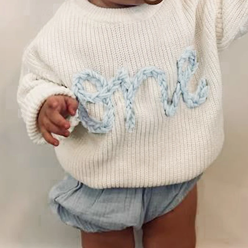 9-18M Newborn Girl Boy Sweater Casual Letters Embroidery Warm Knitted Long Sleeves Pullover Infant Knitwear for Toddler