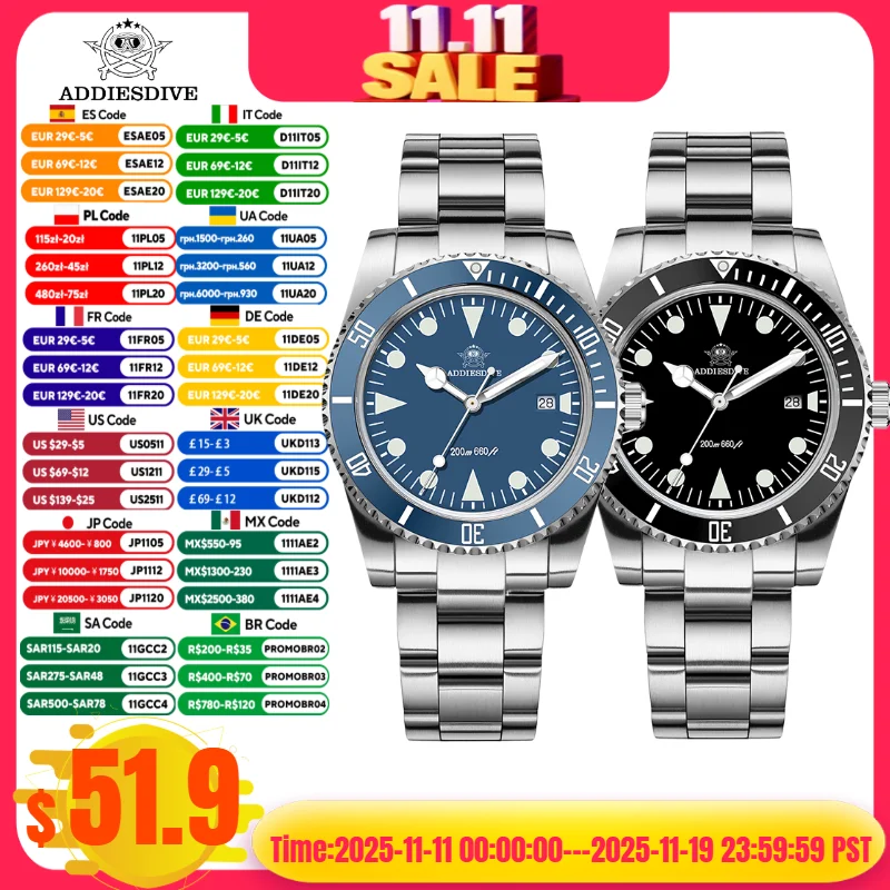 Addiesdive 39 مللي متر ساعات رجالية AD2068 316L الصلب BGW9 سوبر مضيئة 20Bar مقاوم للماء عرض التقويم ساعات كوارتز