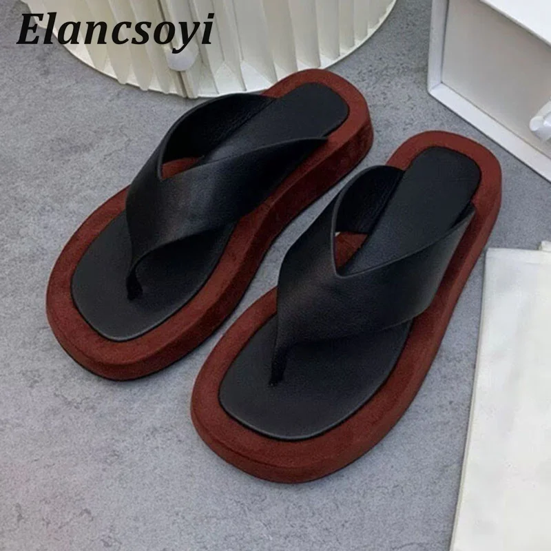 Flip-Flops Women Genuine Leather Flat Thick Bottom Slippers Mixed Color Casual Shoes Summer Slides Vacation Beach Shoes 2026