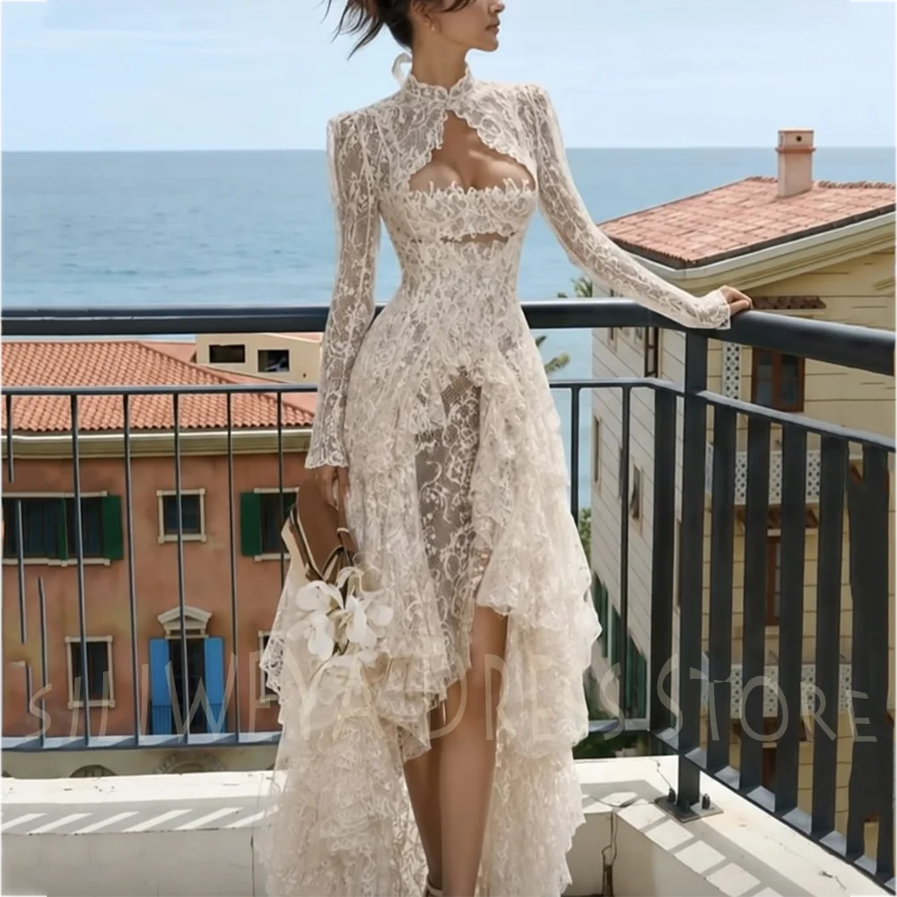 Classic Lace Wedding Dress Vintage  High Neck Cutout High Low Long Sleeve Ruffled Asymmetrical Engagement Party Bridal Gown