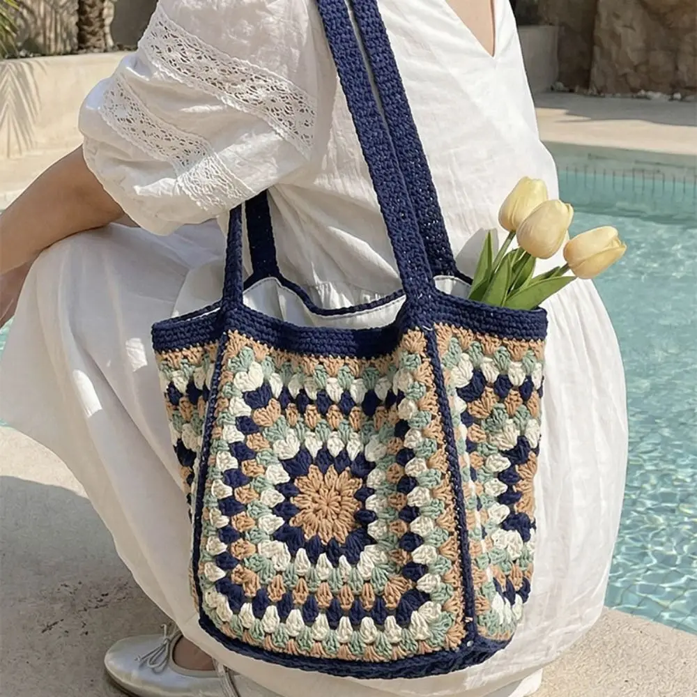 

Модная корейская вязаная сумка-тоут с ажурным плетением в этническом стиле, однотонная пляжная сумка на каждый день