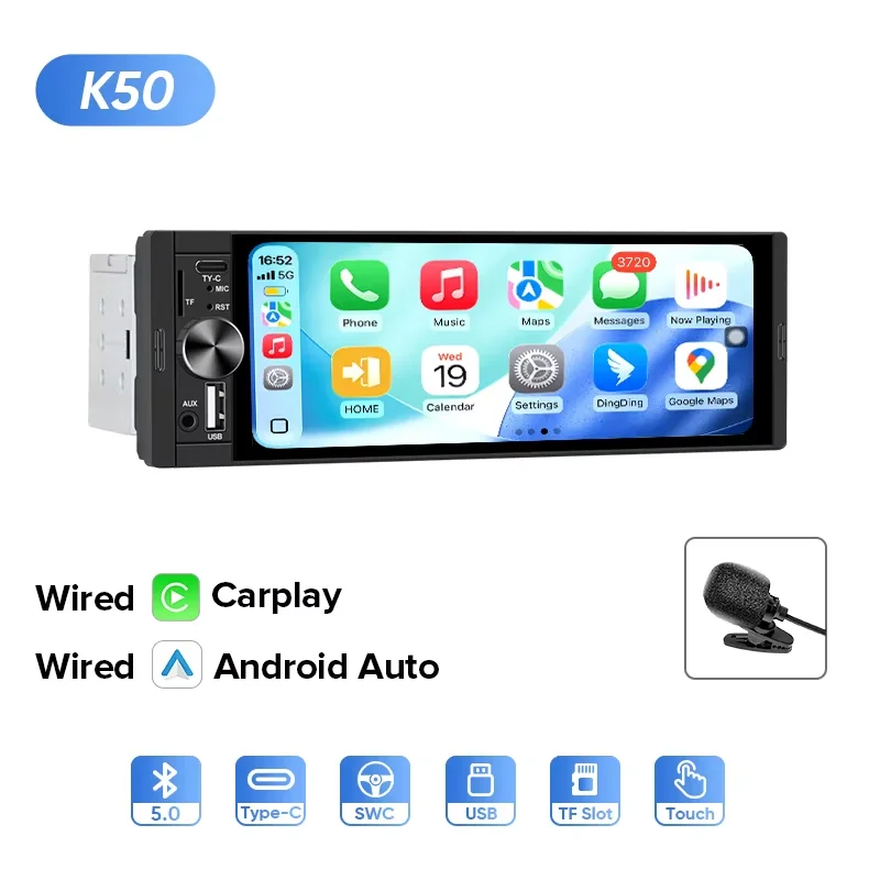 AINAVI Single DIN autoradio met draadloze Carplay en Android Auto, 6.36 inch HD touchscreen, Bluetooth, USB, AUX-IN, TF, FM, MP5-speler