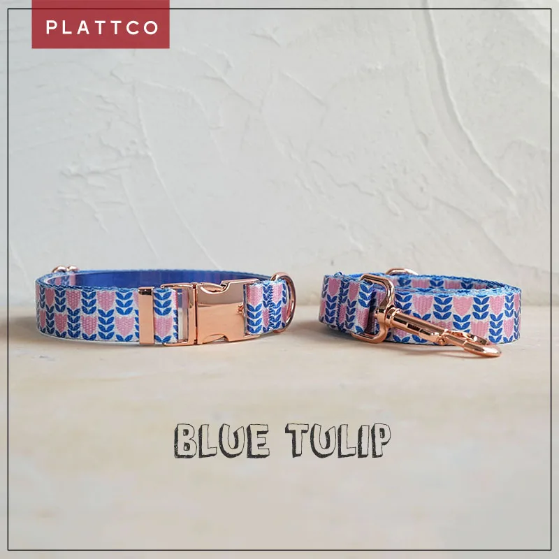 PLATTCO unique design dog set print Blue Tulip pattern with high-quality rose gold buckle 5 size PDC353RG&PDL353RG