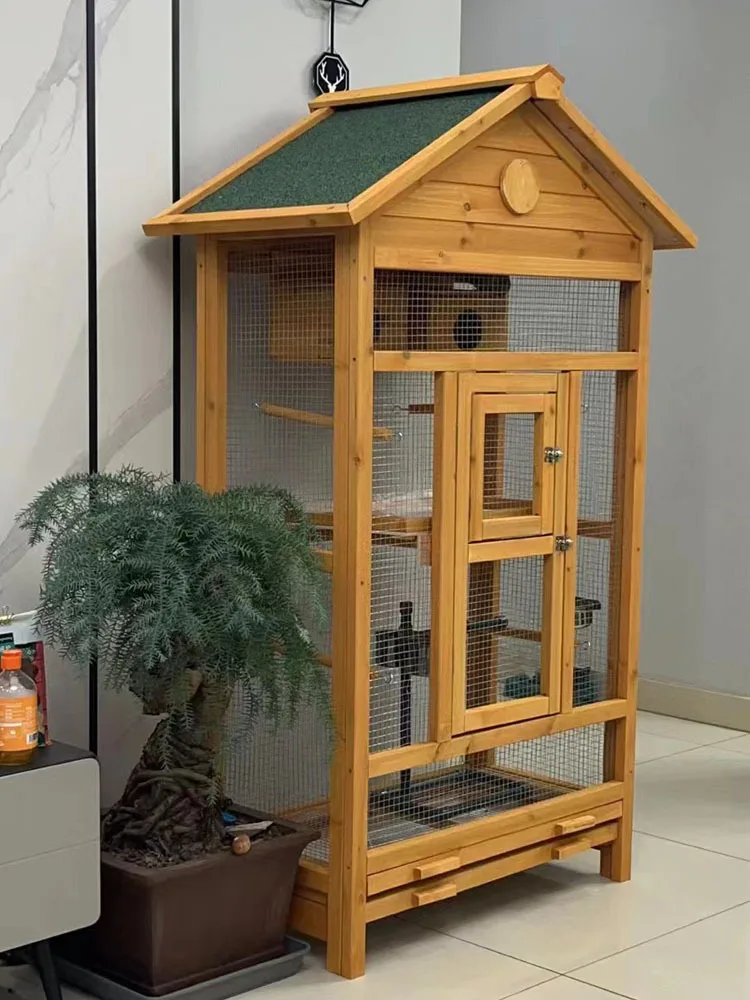 Handmade Wooden Parrot House Aviary Birds Cage Large Run Wire Mesh Feeder Nest Wood Parrot Cage for Parakeets with Stand