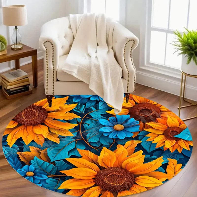 

Круглый ковер с рисунком под масляную живопись «Подсолнечное поле», пасторальный цветочный узор, нескользящий напольный коврик для гостиных, декор в деревенском стиле