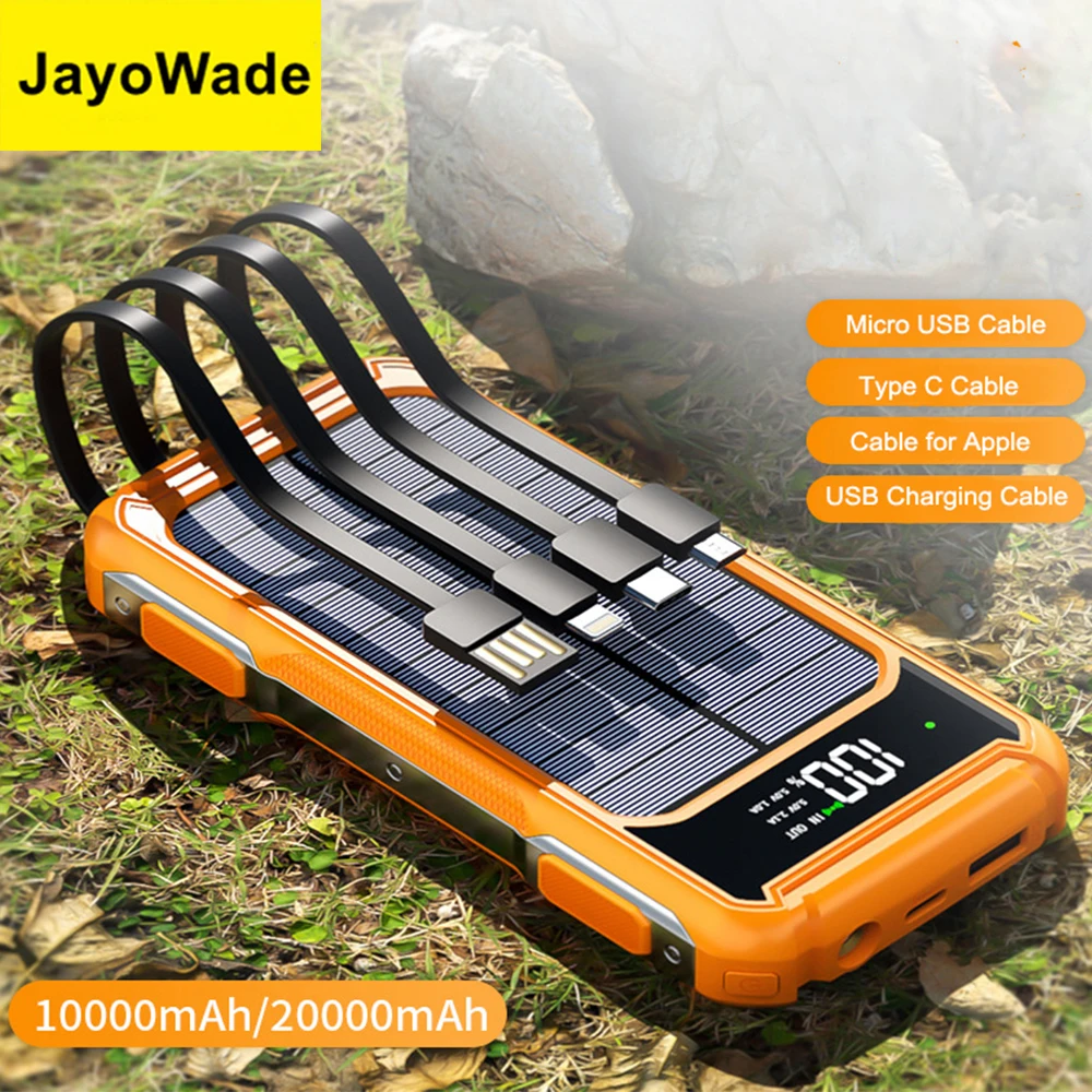 

JayoWade Solar Power Bank 20000 мАч SOS светодиодный светильник цифровой дисплей Powerbank встроенный кабель для IPhone Samsung Xiaomi Mi Poverbank