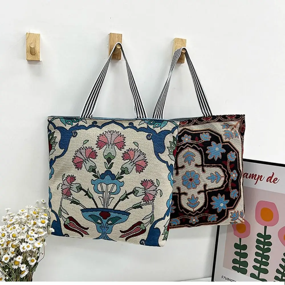 Bolso informal de flores de estilo étnico, bolsa de tela bordada de lona de gran capacidad, bolso de hombro de animales de mariposa, bolsa de almacenamiento