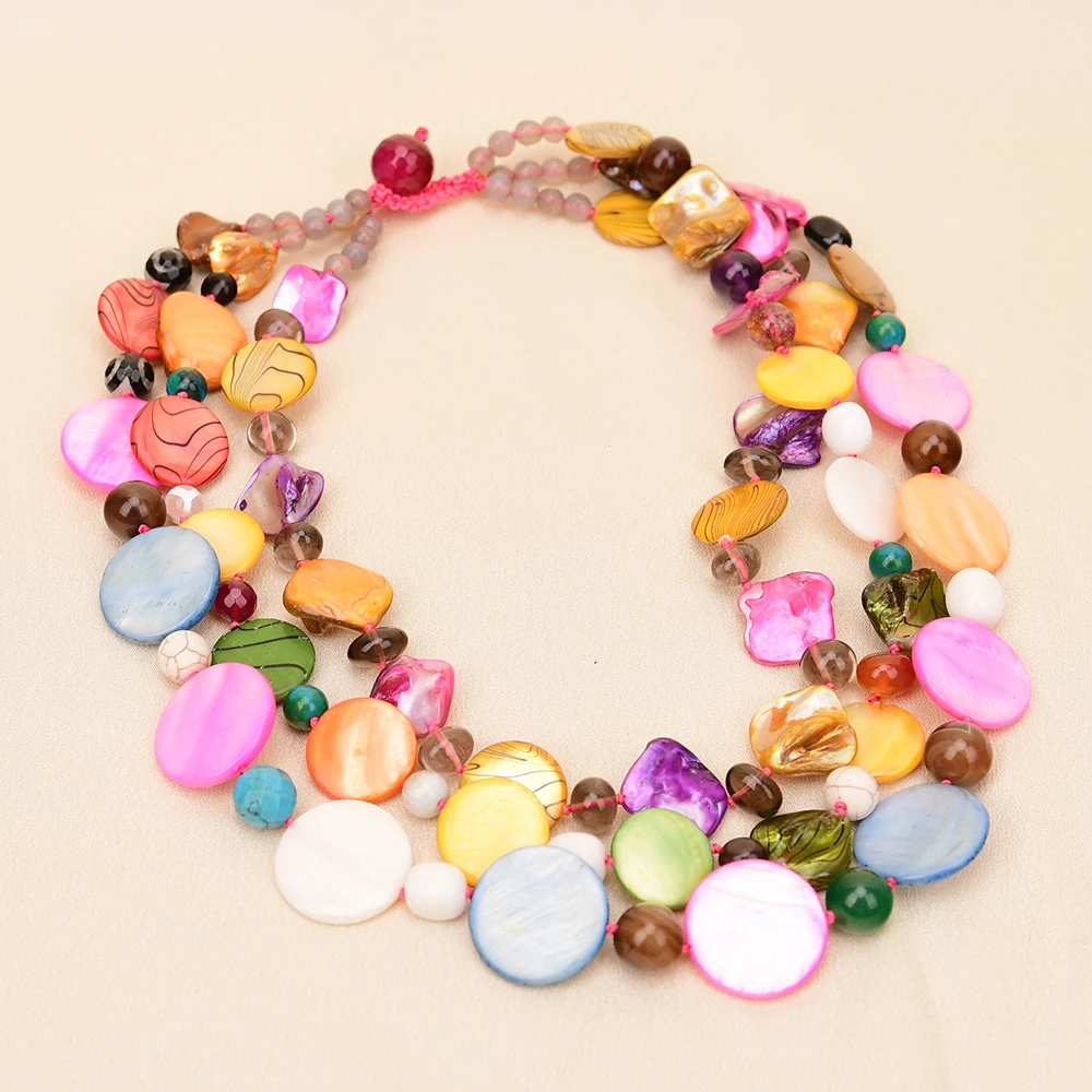 APDGG A90 Handmade 3 Rows Natural Mix Stone Quartz Shell Turquoise Multi Strands Necklace