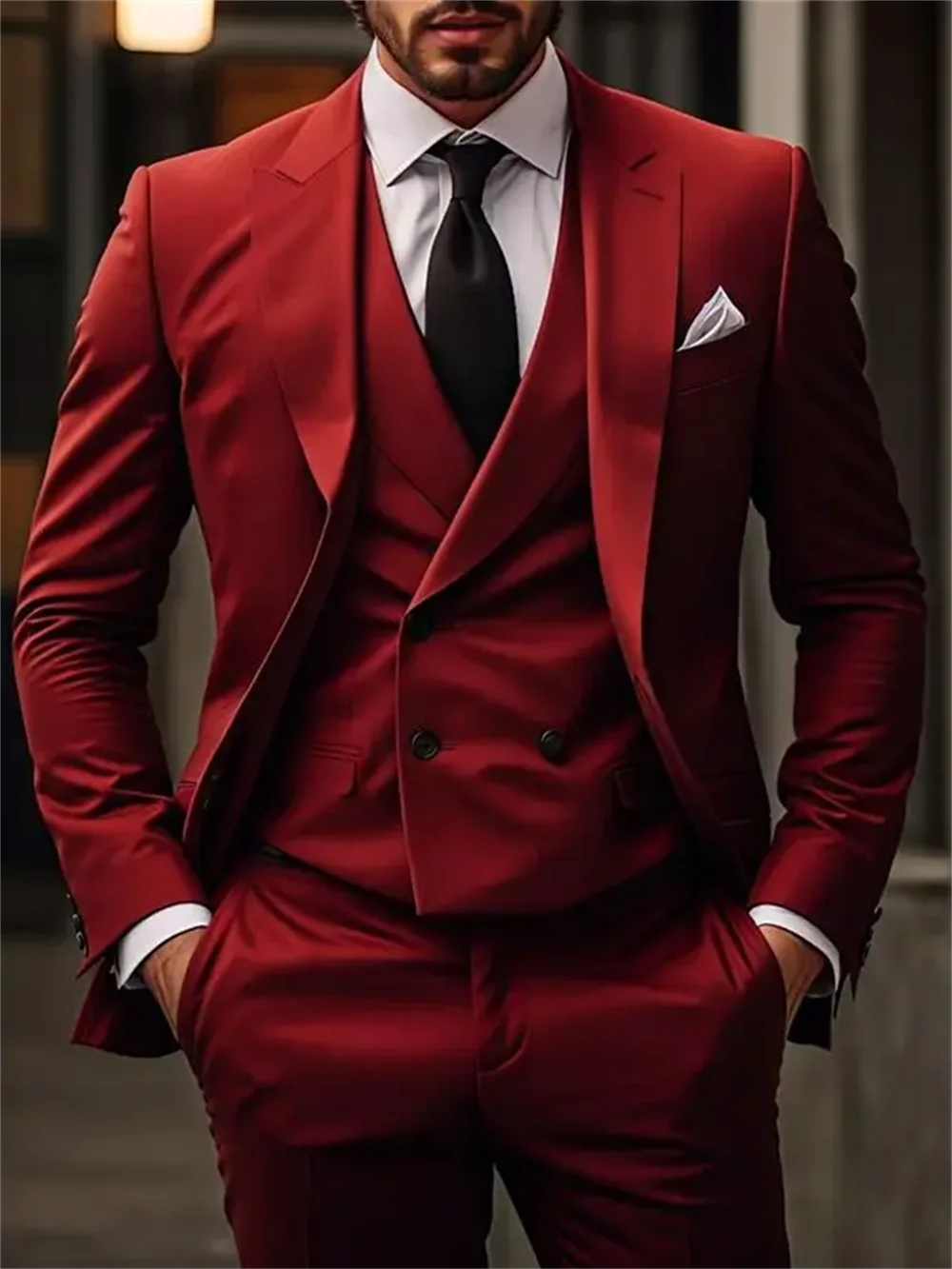 3 Piece High Quality Red/Navy Suits for Men Slim Fit  Formal Business Office Daily Casual Outfits Fashion Wedding Party Tuxedo