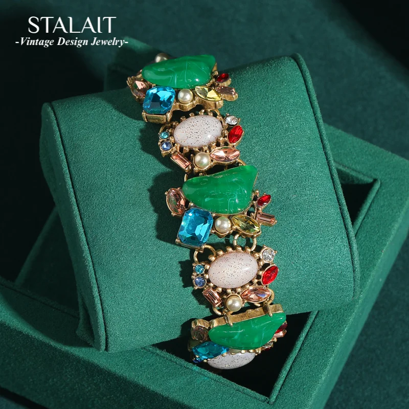 Vintage Women Bracelet Antique Jewelry Baroque Pearl Green Blue Crystal Color Geometric Shaped Stone Accessories New Luxury
