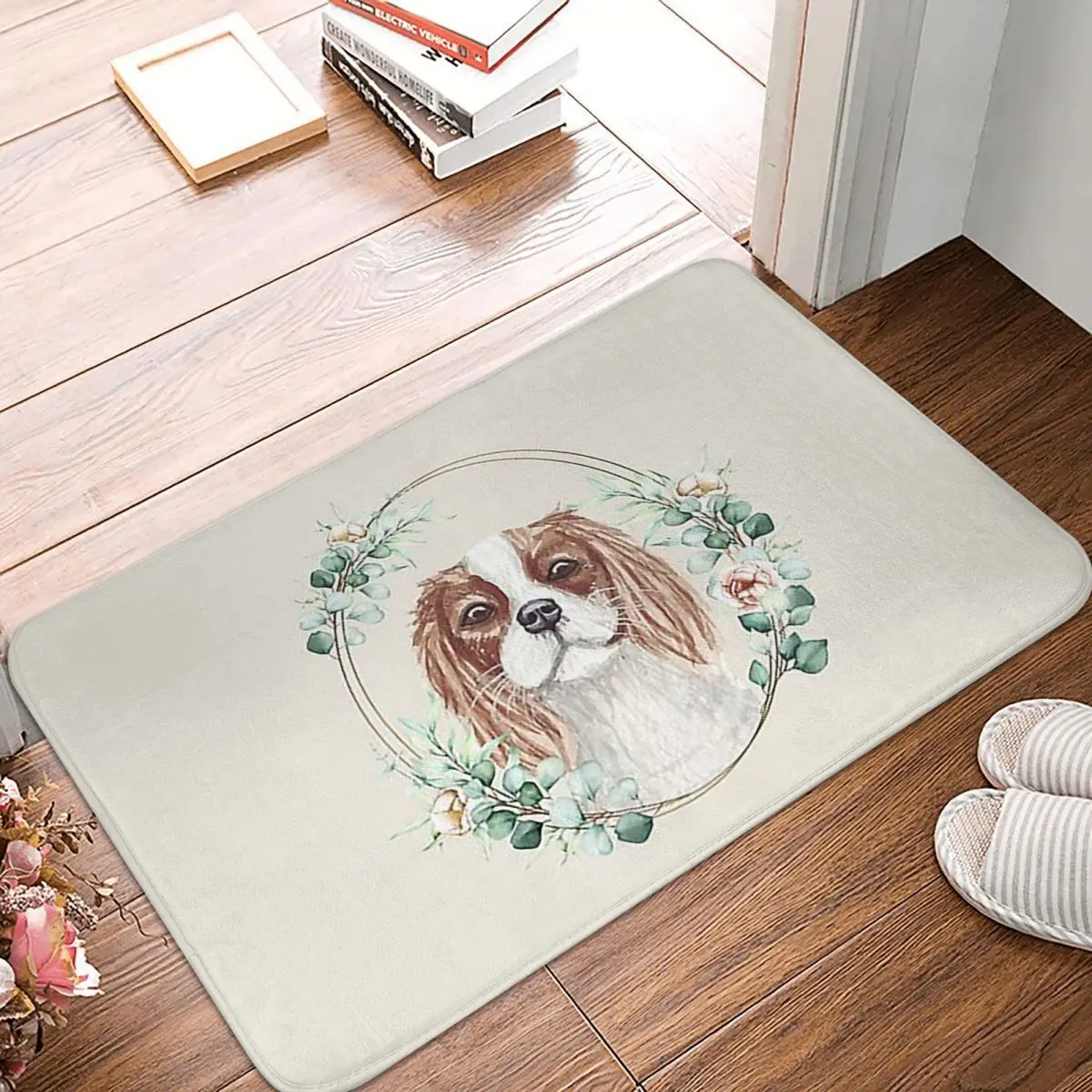 Cavalier King Charles Spaniel Dog In A Floral Gold Wreath Frame Anti-slip Doormat Floor Mat Carpet Rug for Kitchen Footpad Mats