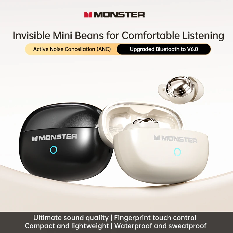Monster A08 ANC Bluetooth 6.0 Mini Sleep Earbuds Invisible Comfort Wireless Headphones Touch Control Waterproof
